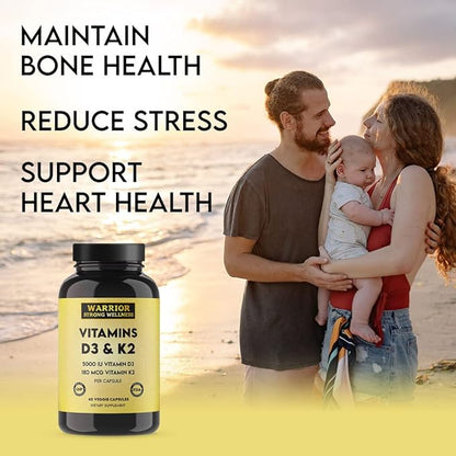 Vitamin D3 and K2 Supplement - 5000IU Vitamin D3 and 180MCG Vitamin K2 Supplement - Immune, Heart Health - 2 Month-Supply, 60 Veggie Capsules