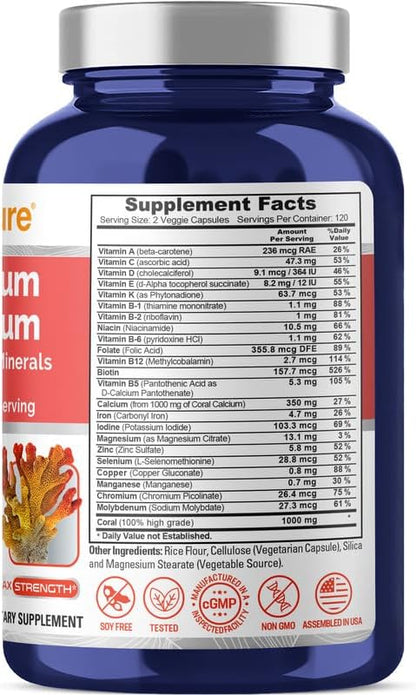 NusaPure Coral Calcium 1000 mg - 240 Caps (Non-GMO & Soy Free)