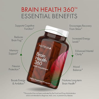 Nutrua© Brain Health 360™ | Doctor-Developed Brain Supplement | Boost Memory, Focus & Mood | Cognitive Support | USA-Made | Enhance Mental Clarity, Drive & Productivity | Brain Supplement Enhancement