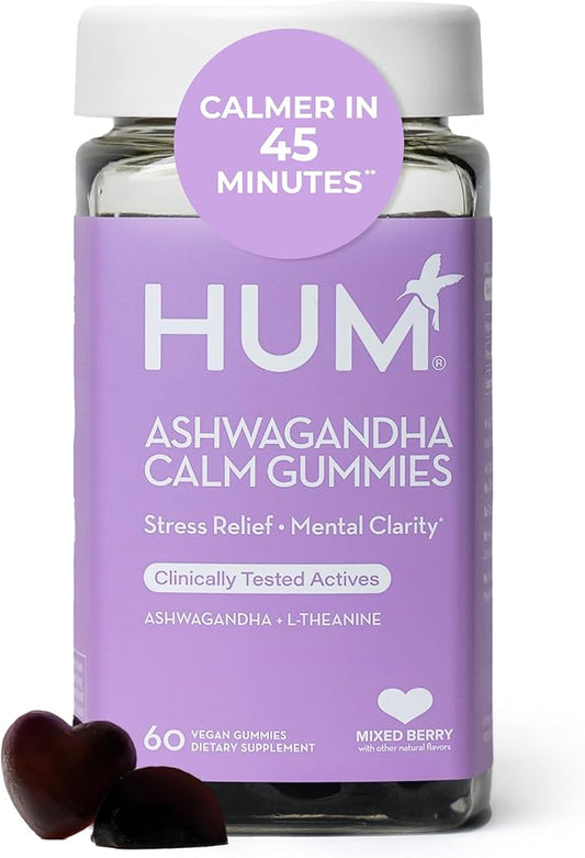 HUM Ashwagandha Calm- L-Theanine & Ashwagandha for Daily Relaxation & Mood Support - Mixed Berry Flavor (60-Count)