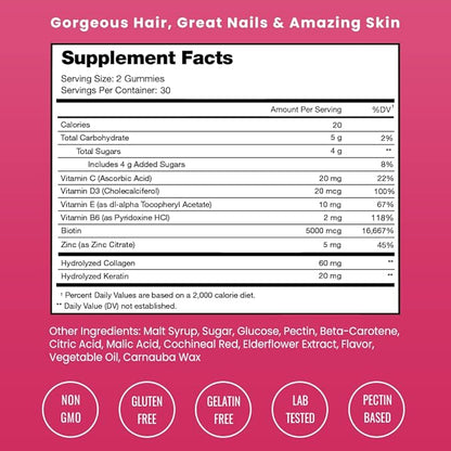 NutraChamps Hair Skin & Nails Gummies, Biotin with Collagen & Keratin, 5000mcg Biotin Beauty Complex, Vitamin Supplement, Berry, 120 Count, Healthy Hair, Radiant Skin & Strong Nails (Pack of 2)