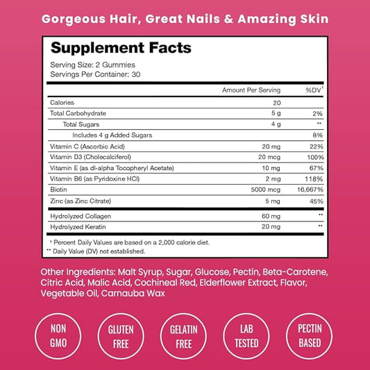 NutraChamps Hair Skin & Nails Gummies | Biotin with Collagen & Keratin | 5000mcg Biotin Beauty Complex | Vitamin Supplement for Women & Men | Berry | Healthy Hair, Radiant Skin & Strong Nails
