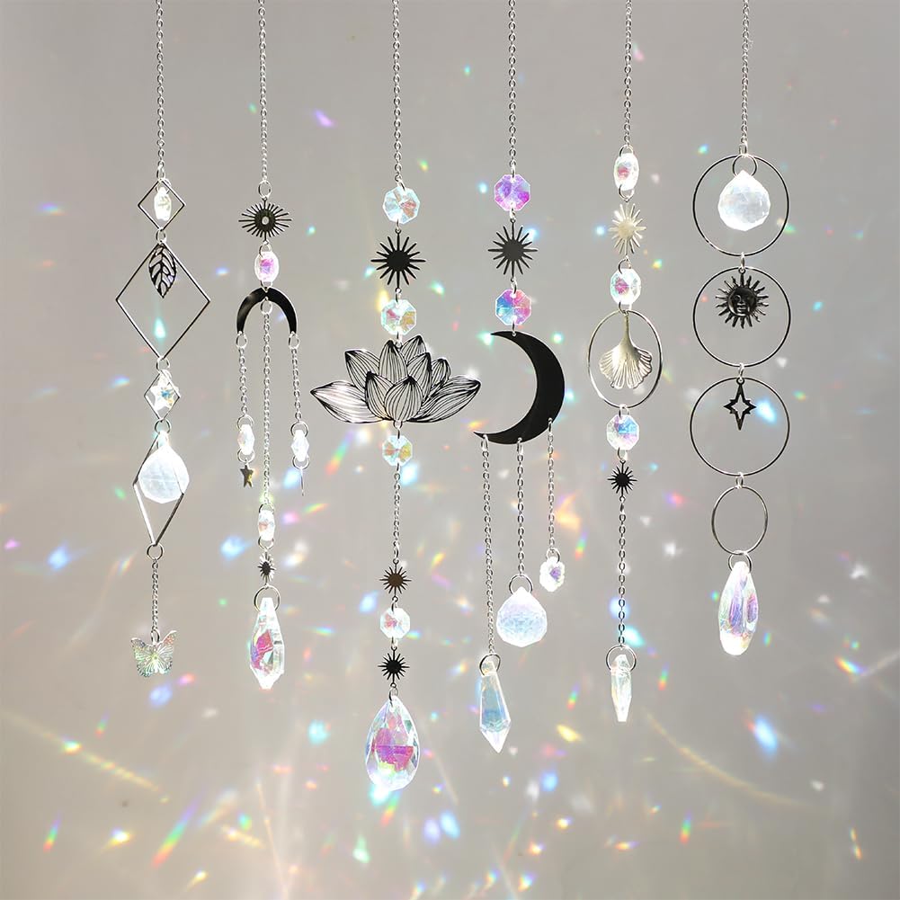Sun Catchers, 6 Pieces Colorful Suncatchers Decorative Hanging Clear Crystal Prism Rainbow with Silver Moon Sun Metal Forms Suncatcher Kit for Window Indoor Outdoor Car Mirror Decor Xmas Gift