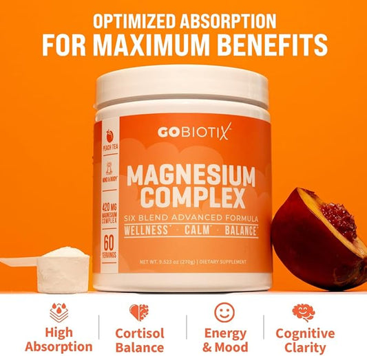 GoBiotix Magnesium Glycinate Powder – Cortisol Supplements for Women and Men – High Absorption Magnesium Complex Calm Supplement with Citrate, Malate – Sugar Free – 420 mg, 60 Servings - Peach Tea