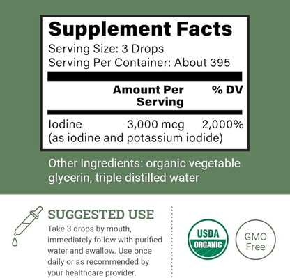Organic Lugol's Iodine, Iodine and Potassium Iodide 2% Solution 3000 mcg - Liquid Supplement Drops for Thyroid Support for Women & Men, Metabolism Health, Detox Boost - Non-GMO, 395 Servings (2 Oz)