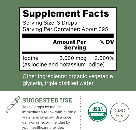 Organic Lugol's Iodine, Iodine and Potassium Iodide 2% Solution 3000 mcg - Liquid Supplement Drops for Thyroid Support for Women & Men, Metabolism Health, Detox Boost - Non-GMO, 395 Servings (2 Oz)