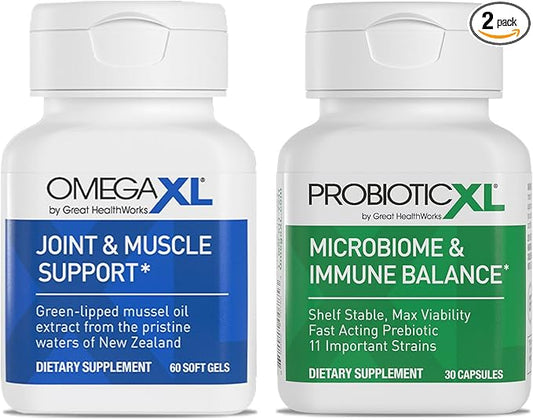 OmegaXL Powerful Joint and Muscle Support Supplement (60 Count) & Probiotic XL - PreforPro, DE111, Shelf Stable - Promote Healthy Gut Flora Growth (30 Veggie caps)