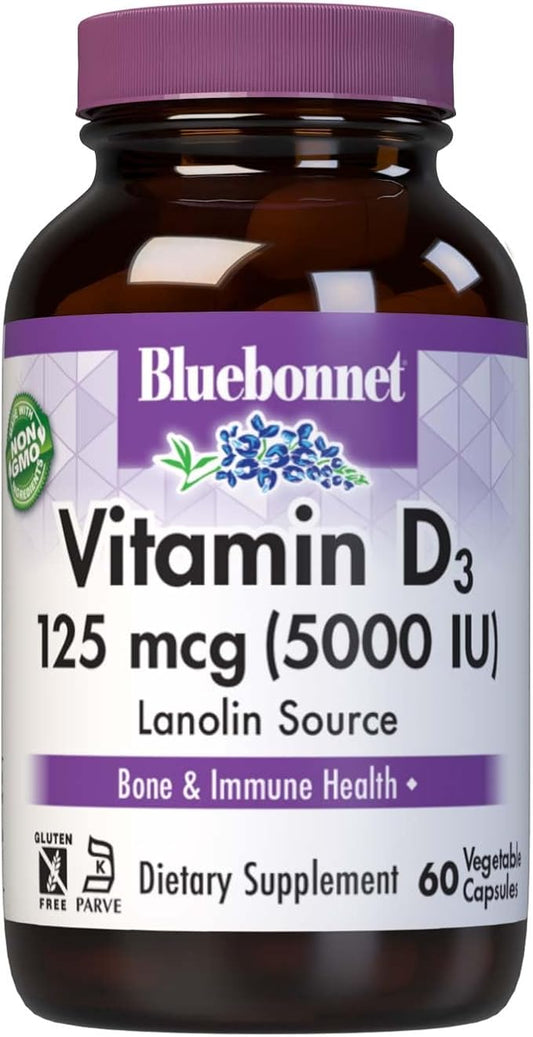 Bluebonnet Nutrition Vitamin D3 5000 IU Vegetable Capsule, Aids in Muscle & Skeletal Growth, Cholecalciferol from Lanolin, D3, Non GMO, Gluten Free, Soy Free, Milk Free, Kosher, 60 Count