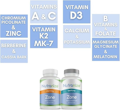 Zone Calcium Supplement, Magnesium Glycinate, Vitamin D3, K2 MK7, Methylfolate, Berberine, Chromium Picolinate, Cinnamon, Melatonin (60 Count of Both Bottles)