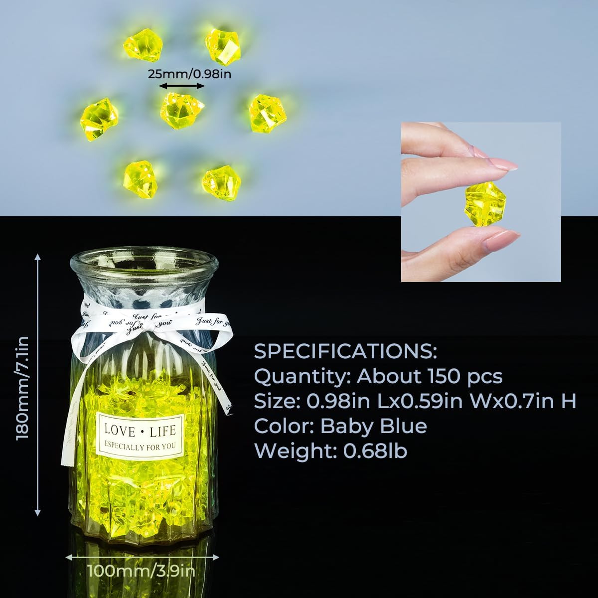 Babenest Acrylic Crushed Ice Rocks, 150 PCS Fake Crystals Plastic Ice Cubes Diamonds Gems for Vase Fillers, Home Decoration, Table Scatter, Event, Wedding, Arts & Crafts (Yellow)