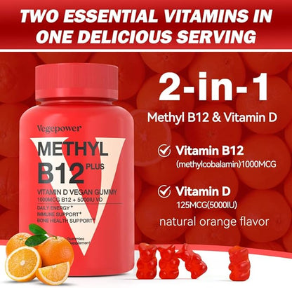 Vegan Vitamin B12 Gummies with Vitamin D - 90 Count I 1000 MCG Methyl B12 & 5000 IU D3 Gummy Chewable Supplements for Adults & Kids - Supports Immune Health & Daily Energy Boost - Non-GMO, Orange