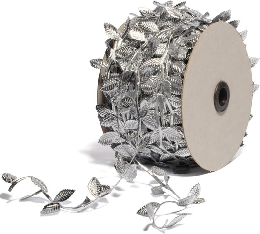 BASOKAN Silver Leaves Leaf Ribbon Trim Rope - 20 Yards - for Garland DIY Crafts and Party Wedding Home Decorations