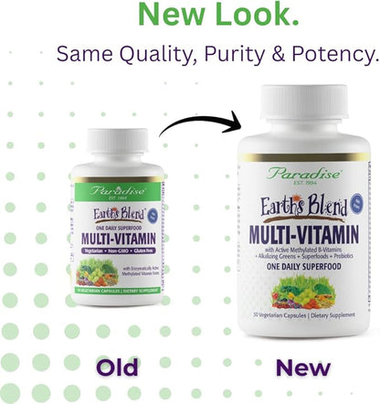 Paradise Herbs Earth's Blend Once Daily Multivitamin for Men, No Iron, 48 Organic Superfoods, Probiotics, Antioxidants, Vitamins A, B12, C, D, K2, 30 Count