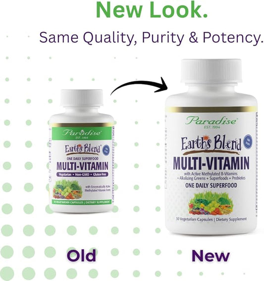 Paradise Herbs Earth's Blend Once Daily Multivitamin for Men, No Iron, 48 Organic Superfoods, Probiotics, Antioxidants, Vitamins A, B12, C, D, K2, 30 Count
