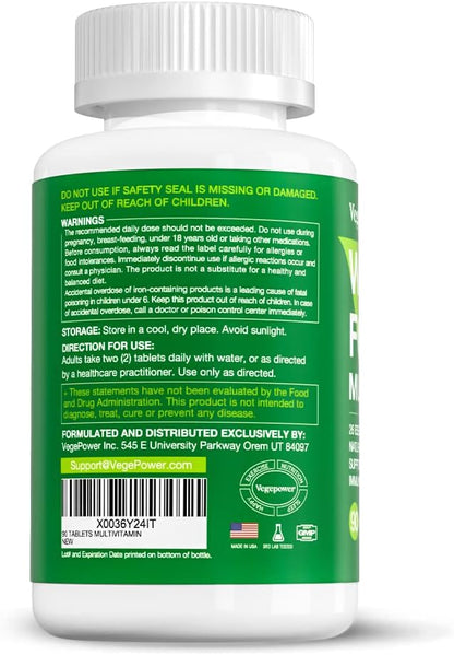 Vegan Whole Food Multivitamin with Iron, Daily Multivitamin for Men and Women, Methylated Multi Vitamins, B-Complex, Fruits & Vegetables, Enzymes, Omegas, Mushroom, Non-GMO, 90 Count