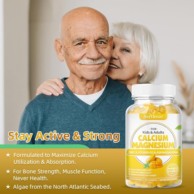 softbear Calcium Magnesium Zinc Gummies for Women, Calcium Magnesium Supplement High Absorption Calcium Gummies with Vitamin D3 for Bone Strength Vegan Mango Flavor 120 Gummies