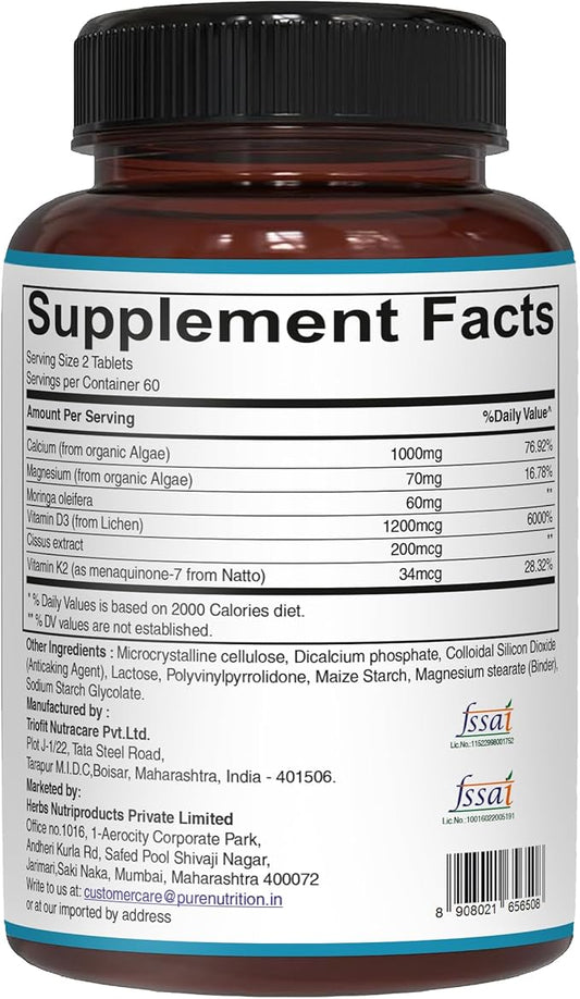 Pure Nutrition Cal D - Plant Based Calcium with VIT D3 K2 & Magnesium | 120 Tabs | 500mg Vegan Calcium per Serving | Algae Calcium Supplement for Bone Health