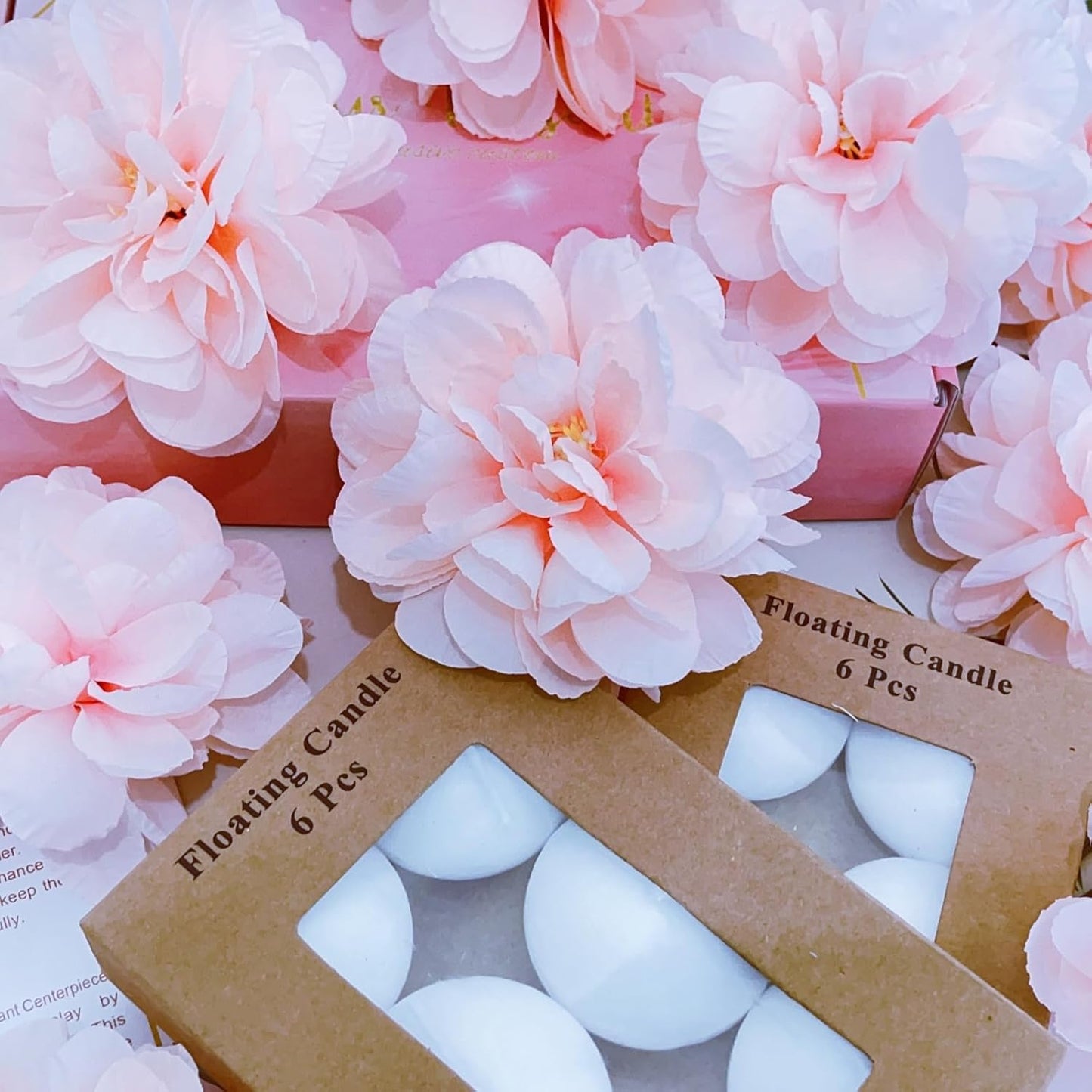 24 Pcs Floating Candles for Centerpieces and Floating Flowers for Centerpieces Pink Artificial Flowers Vase Fillers for Wedding Table Party Home Decoration