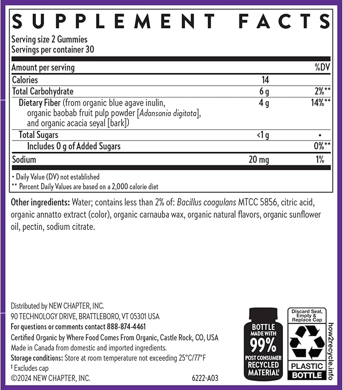 New Chapter Organic Fiber Gummies for Adults & Kids (Age 4+), Plant-Based Prebiotic Fiber for Digestive Health, Vegan, Non-GMO, USDA Organic, Gluten Free, Citrus-Berry Flavored, 60 ct