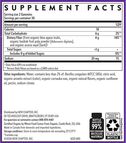 New Chapter Organic Fiber Gummies for Adults & Kids (Age 4+), Plant-Based Prebiotic Fiber for Digestive Health, Vegan, Non-GMO, USDA Organic, Gluten Free, Citrus-Berry Flavored, 60 ct