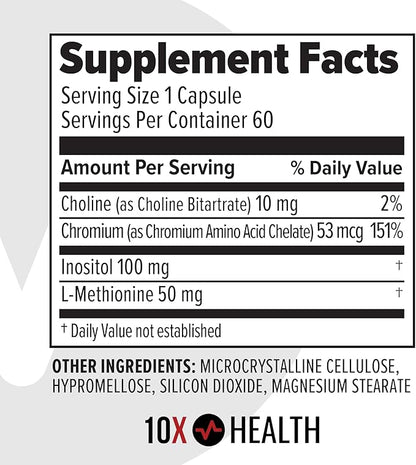 10X Health MIC Chromium Supplement with Choline, Inositol & L Methionine - 60 Capsules