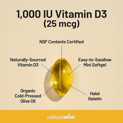 NatureWise Vitamin D3 1000iu (25 mcg) 30-Day Supply for Immune Support, Healthy Muscle Function, and Bone Health - Non-GMO, Gluten Free in Organic Extra Virgin Olive Oil, (Mini Softgel), 30 Count