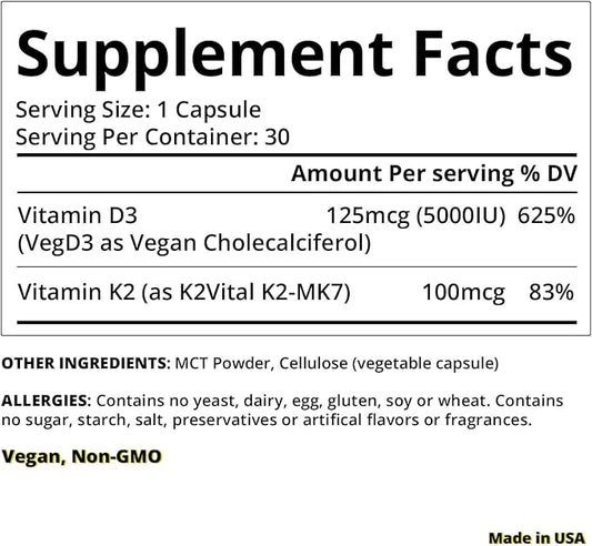 Vitamin D3 K2 with MCT, 5000 IU Vegan D3 & 100 mcg MK7 K2, Support Strong Bones and Immune Health - 30 Capsules (30 Days Supply)
