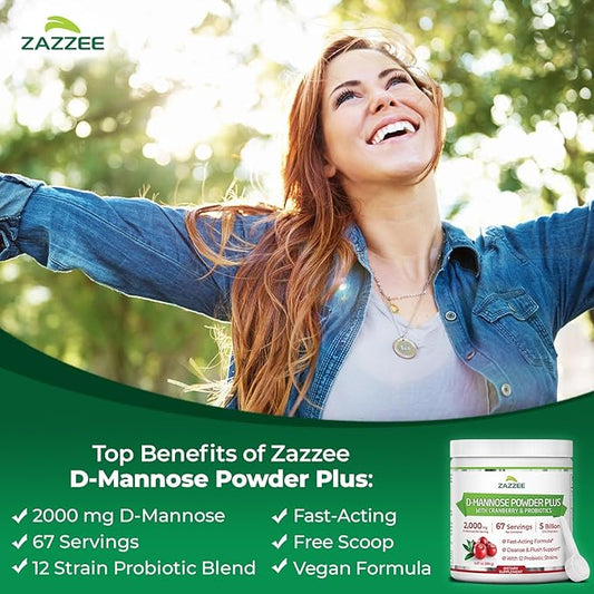 Zazzee D-Mannose Powder Plus, 2000 mg, 67 Servings, Potent & Fast-Acting, Plus 5 Billion CFU Probiotics and Pure Cranberry Juice Extract, Free Scoop, 6.5 Oz, Vegan, Gluten-Free, Non-GMO, All-Natural