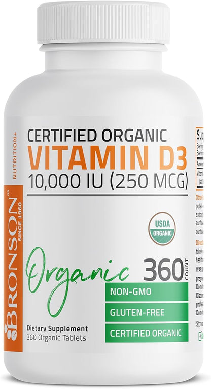 Bronson Vitamin D3 10,000 IU (250 mcg) Certified Organic High Potency Non-GMO Vitamin D Supplement, 360 Tablets