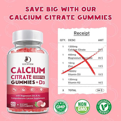 (2 Pack) Calcium Citrate 1200mg with Vitamin D3 Supplements Gummies for Women & Men, Calcium Gummies with Vitamin D3 K2, High Absorption for Bone Muscle Healthy- Peach Flavor- 60 Day Supply