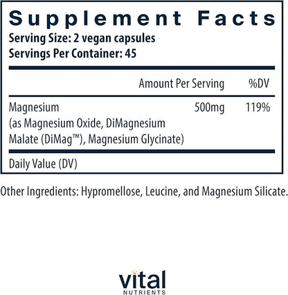 Vital Nutrients Triple Magnesium Complex Supplement | Vegan Magnesium Glycinate, Malate & Oxide 250mg | Easily Absorbed Magnesium Supplement for Stress, Muscle, Heart, Bone Support | 90 Capsules
