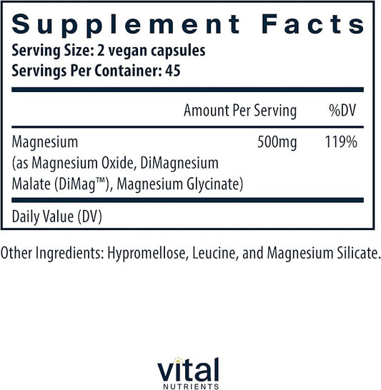 Vital Nutrients Triple Magnesium Complex Supplement | Vegan Magnesium Glycinate, Malate & Oxide 250mg | Easily Absorbed Magnesium Supplement for Stress, Muscle, Heart, Bone Support | 90 Capsules