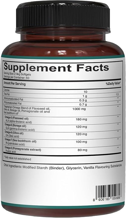 Pure Nutrition Vegan Omega 3-5-6-7-9 | 120 Softgels | 600mg per Serving of 2 Softgels | Multi Omega Supplement for Overall Health | Non GMO | Gluten Free