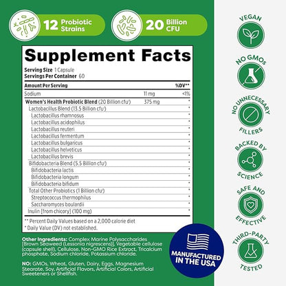 Probulin Womens Probiotic - Vaginal, UT, Gut & Immune Health with Lactobacillus Reuteri - 20 Billion CFU, 12 Probiotic Strains & Prebiotics - 60 Vegan, Gluten Free Capsules for Whole-Body Wellness