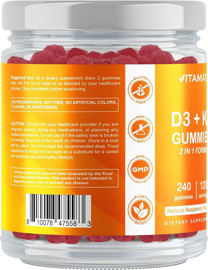 Vitamatic Vitamin D3 K2 with Calcium Gummies - 240 Count - Non-GMO, Gluten Free