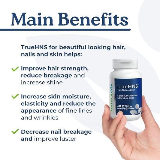NatureCity True-HNS Hair Nails and Skin Cynatine Keratin and Plant Based Biotin Vitamin Supplement | Fuller and Stronger Hair and Nails | Non GMO | 60 Veggie Capsules