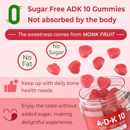 ADK Supplement - Vitamin D3 10000 IU + K2 (MK7) 500mcg + A 5000IU Gummies w/ Calcium Magnesium for Women & Men, K2 D3 Vitamin Supplement for Stronger Bone, Muscle, Vision, Immune, Sugar Free 2Packs
