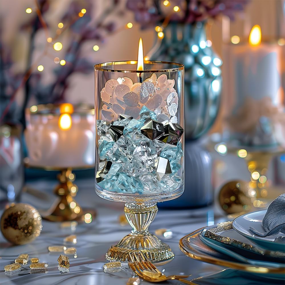 HappyFiller 14 OZ Fake Ice Rocks Cubes Acrylic Gems Stones for Winter Decorations,Christmas Vase Fillers,Wedding Table Scatters,Crafts,Home Centerpieces,Clear,Sea Blue,Silver Mix