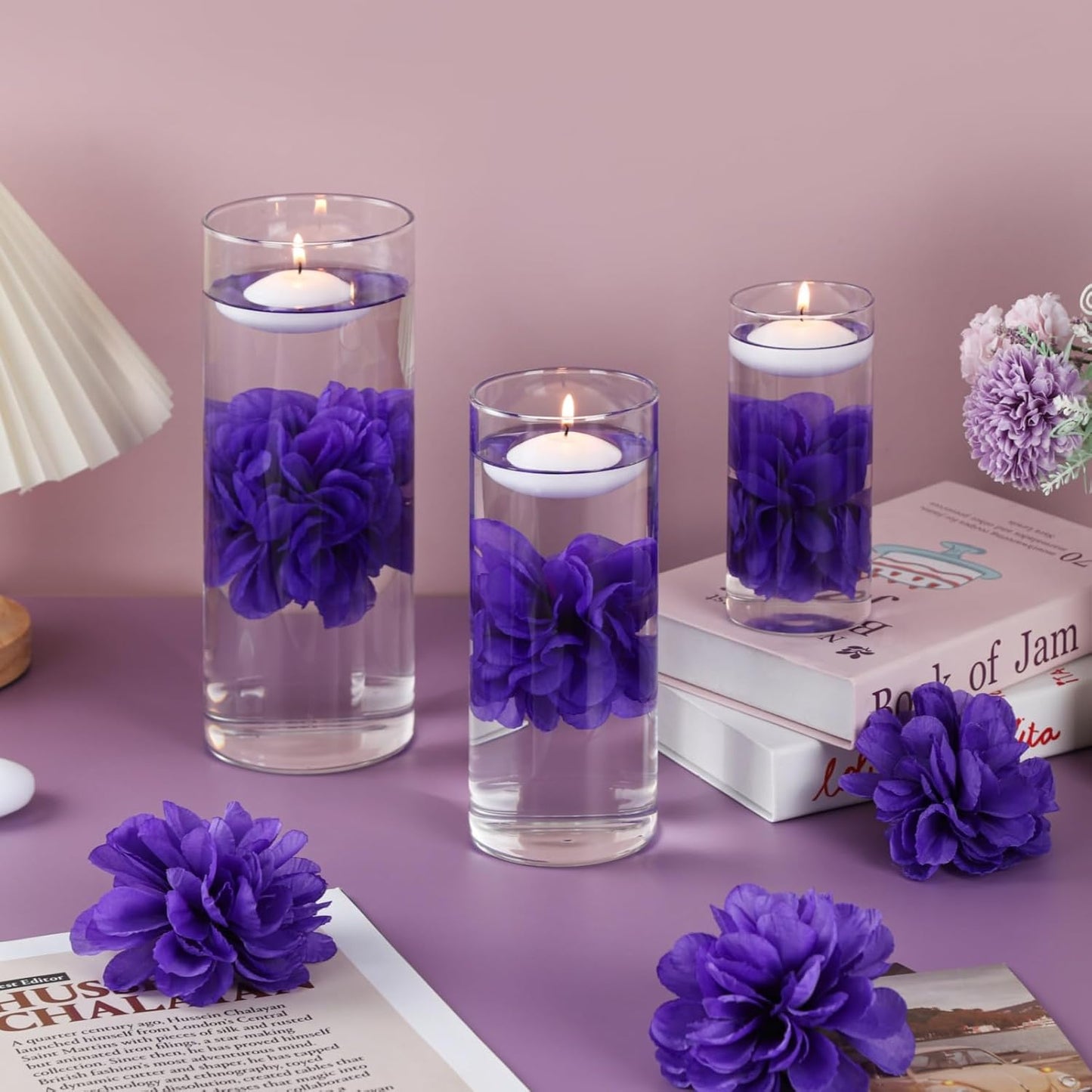 24 Pcs Floating Candles for Centerpieces and Floating Flowers Vase Fillers for Centerpieces Artificial Purple Flowers for Wedding Table Party Home Decoration