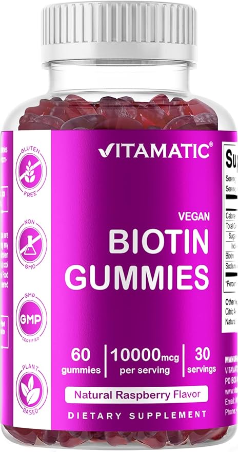 Vitamatic Biotin Gummies 10,000 mcg for Stronger Hair, Skin & Nails - 60 Vegan Gummies - Also Called Vitamin B7 (1 Bottle)