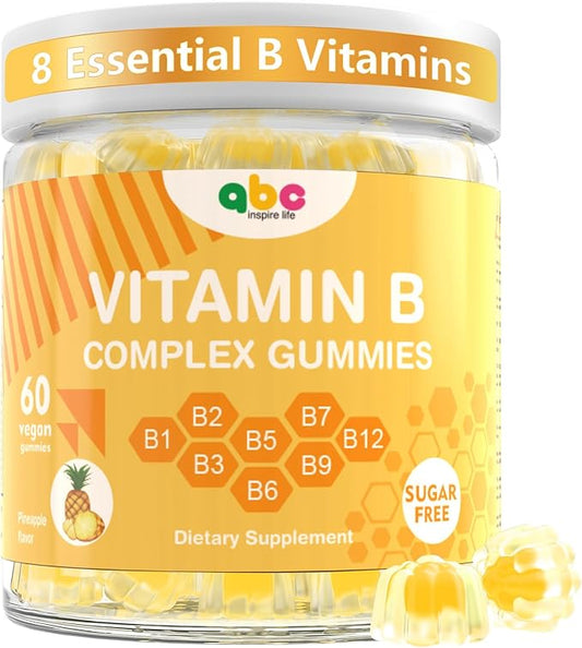 Vitamin B Complex Gummies for Adult Kid-Pineapple Flavor-Chewable Supplement with 8 Essential B Vitamins (B1, B2, B3, B5, B6, B7, B9, B12) Supports Energy,Metabolism & Mood,Non GMO,Vegan 60 Count