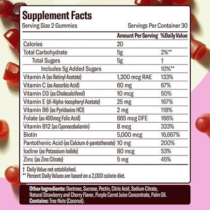Skin Retinol and Biotin Gummies for Clear, Smooth Skin, Healthy Hair & Nails | Supplement with Zinc, Vitamins A, E and C | Non-GMO, Gluten-Free, Cherry Flavor, 60 Count