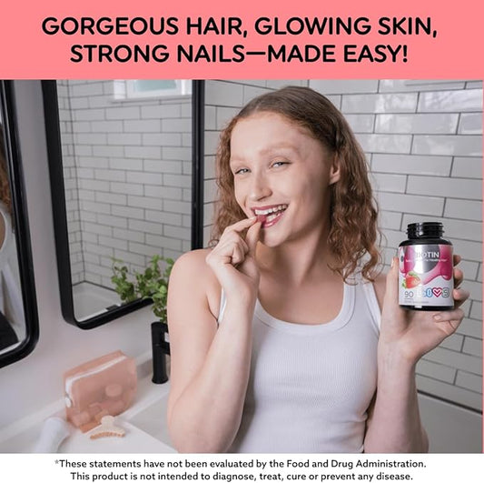 Biotin Gummies for Hair, Skin, and Nail Growth - 10,000mcg Biotin Supplement for Womens & Mens | Natural & Gluten Free Vitamins | Strawberry Flavor Gummy for Health and Beauty Care - 180 Count