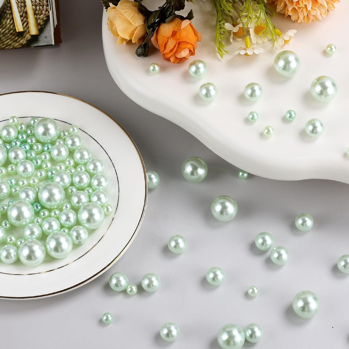 260Pcs LightGreen Glossy Beads for Centerpiece Decor, Artifical Pearls Vase Filler, Makeup Brush Beads, No Hole Round Pearl Beads for Wedding Birthday Christmas Party Home Decor(18mm 14mm 6mm)