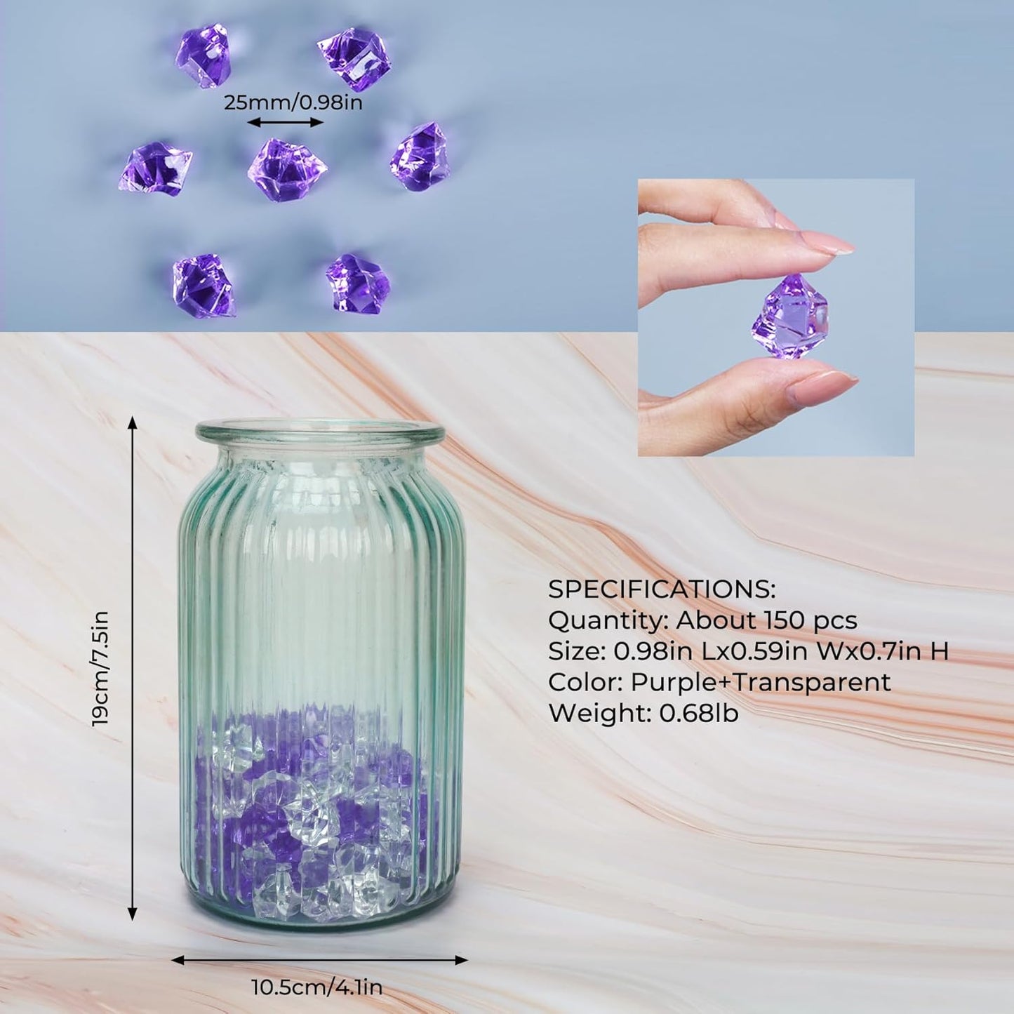 Acrylic Crushed Ice Rocks, Babenest 150 PCS Fake Crystals Plastic Ice Cubes Diamonds Gems for Vase Fillers, Home Decoration, Table Scatter, Event, Wedding, Arts & Crafts (Purple/Clear)