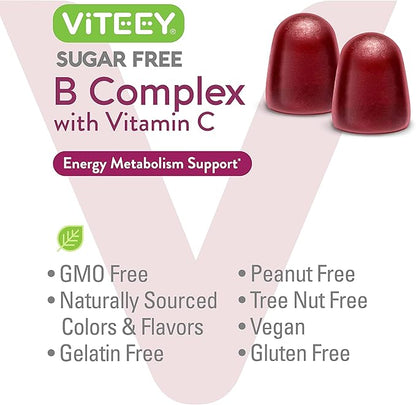 VITEEY Vitamin B Complex Gummies with Vitamin C, Sugar Free - Energy, Metabolism & Nerve Health - B6, B12, Folic Acid, Biotin - Vegan, Gelatin Free, GMO Free - Tasty Chewable Strawberry Flavored Gummy