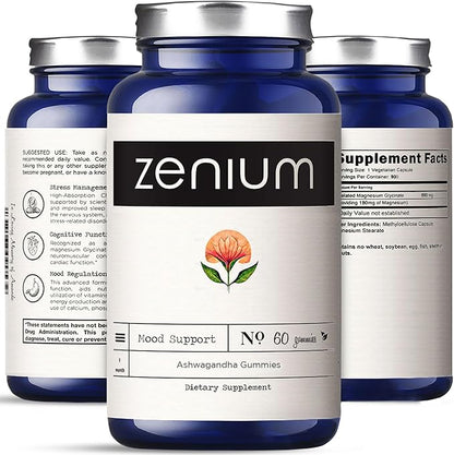 Zenium - Relieve Stress, Tension, Worry, Nervousness, & Irritability | Calm The Mind & Body | Ayurvedic | Natural Relief Supplement | Boosts Mood | Ashwagandha Gummies (Mango) | 60 Count