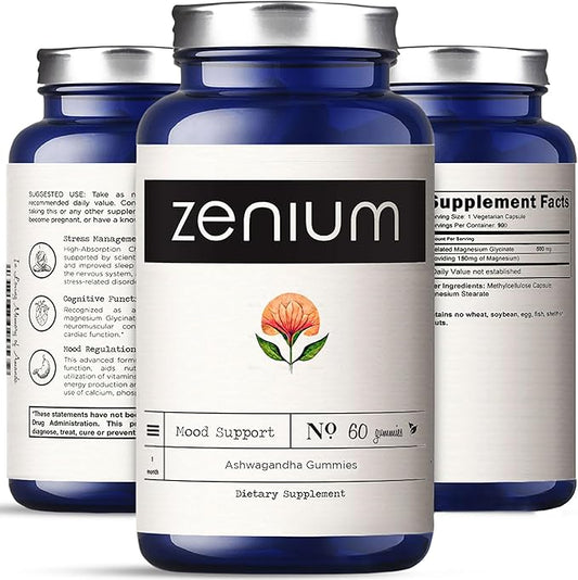 Zenium - Relieve Stress, Tension, Worry, Nervousness, & Irritability | Calm The Mind & Body | Ayurvedic | Natural Relief Supplement | Boosts Mood | Ashwagandha Gummies (Mango) | 60 Count