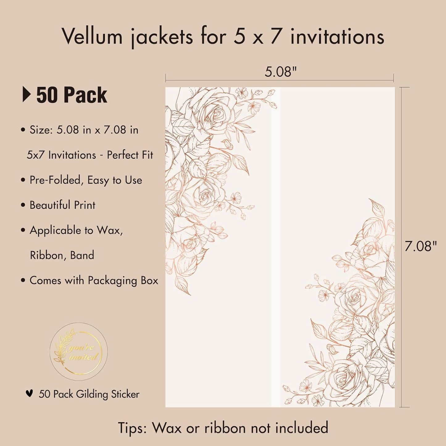 50 Pack Pre-Folded Vellum Jackets For 5x7 Invitations,AZAZA Gorgeous Translucent Invitation Sleeves,115GSM Vellum Jackets 5x7, Wedding Invitation Accessories, For Weddings Birthdays,Rose Golden Roses