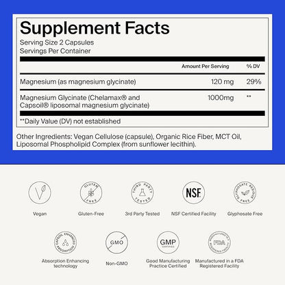 Magnesium Glycinate 1000mg - Liposomal Magnesium Bisglycinate for Max Absorption - Extra Strength to Support Body and Mind, Non-Laxative, Vegan, Gluten-Free - 60 Capsules